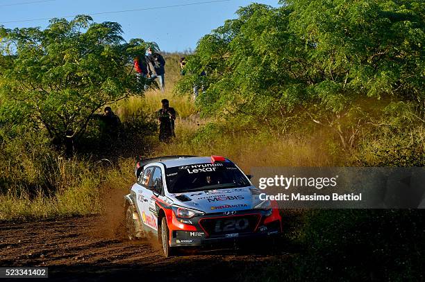 Daniel Sordo of Spain and Marc Marti of Spain compete in their Hyundai Motorsport WRT Hyundai i20 WRC during Day One of the WRC Argentina on April...