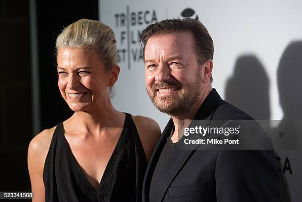 Ricky Gervais and author Jane Fallon attend Tribeca Talks After The Movie: "Special Correspondents" during the 2016 Tribeca Film Festival at John...