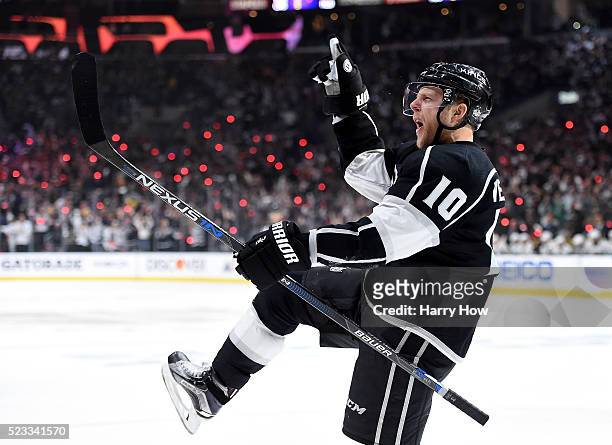 Kris Versteeg of the Los Angeles Kings celebrates his goal to tie the score 3-3 against the San Jose Sharks during the second period of Game Five of...