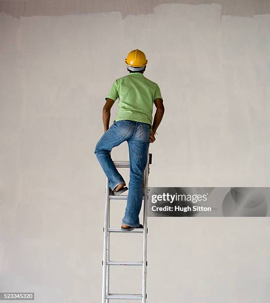 worker climbing ladder - hugh sitton stockfoto's en -beelden