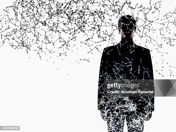 connected particles floating above and over businessman - ai concept - black and white illustration stock pictures, royalty-free photos & images