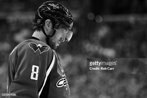 Alex Ovechkin of the Washington Capitals looks on in the second period against the Philadelphia Flyers in Game Five of the Eastern Conference...