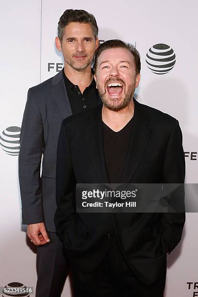Actor Eric Bana and producer Ricky Gervais attend the premiere of "Special Correspondents" at Borough of Manhattan Community College during the 2016...