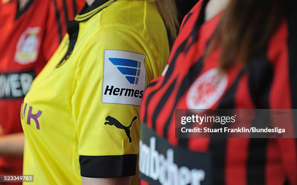 The Hermes badge on a football shirt during the press conference to announce Hermes as the new DFL premium sponsor on January 14, 2013 in Hamburg,...