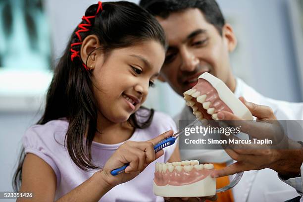 dentist showing girl how to brush teeth - dentista bambini foto e immagini stock