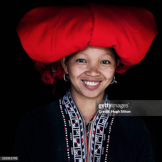 portrait of smiling red dao tribeswoman - miao minority stock pictures, royalty-free photos & images
