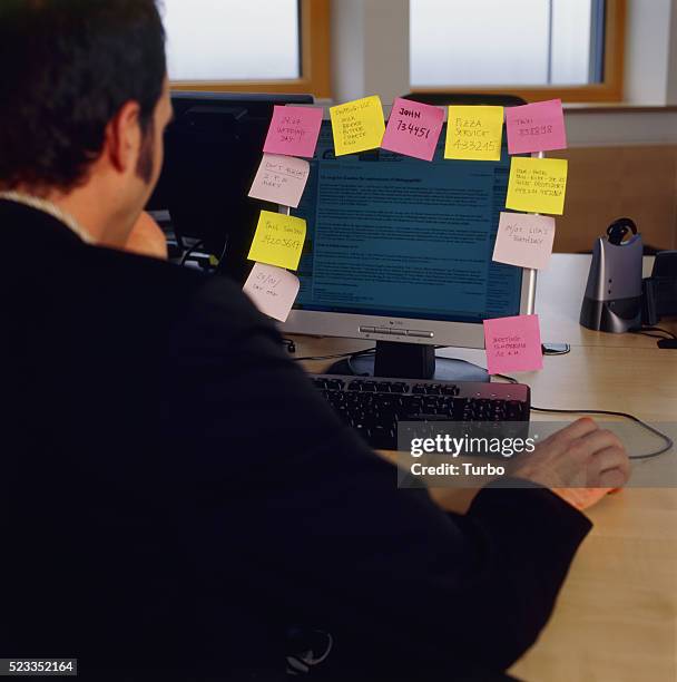 man in office with adhesive notes on his monitor - sticky-notes-covering-computer-monitor stock pictures, royalty-free photos & images