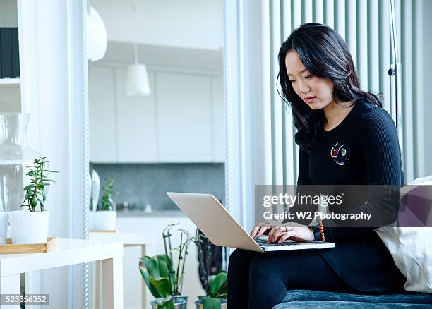 portrait of a professional woman working on a laptop - publisher 個照片及圖片檔