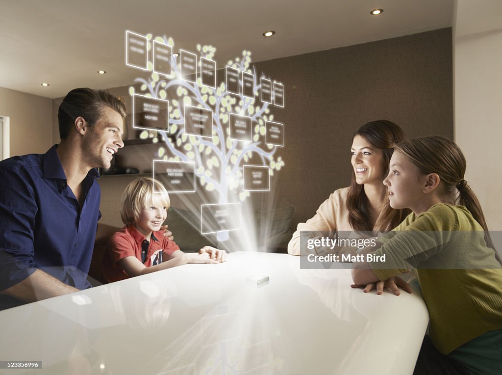 Family looking at family tree on futuristic device