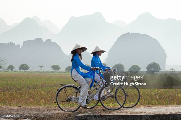 vietnamese women cycling in typical landscape near hanoi. vietnam - hanoi stock pictures, royalty-free photos & images