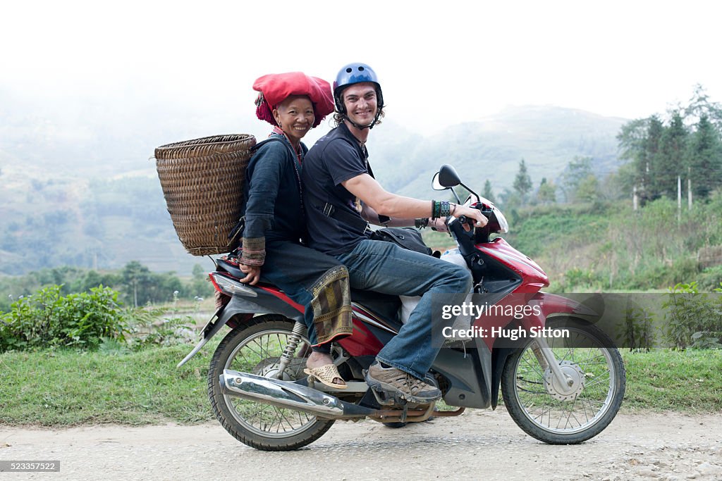 Male european Tourist travelling through Sapa. Vietnam