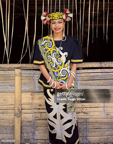 woman in traditional tribal costume - sarawak state foto e immagini stock