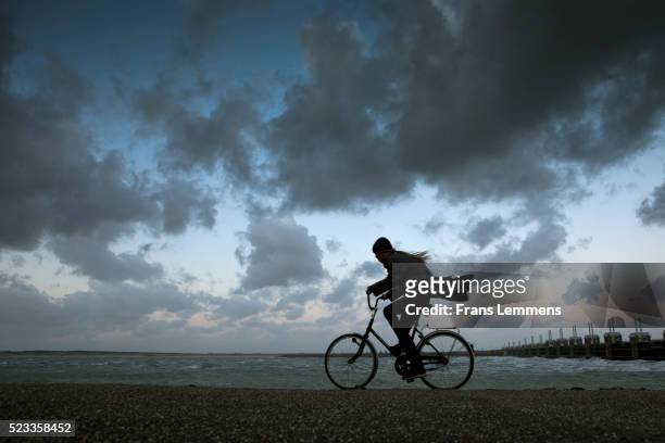 netherlands, kamperland. woman cycles during storm - netherlands stock-fotos und bilder