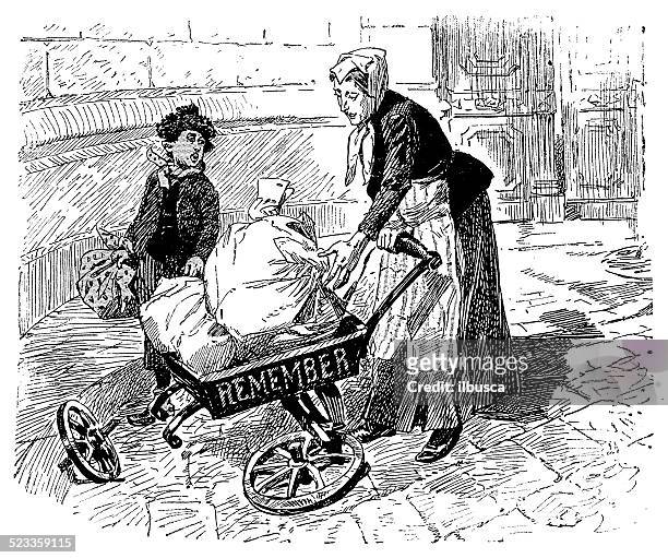 antique illustration of woman with broken wheelbarrow - sack barrow stock illustrations