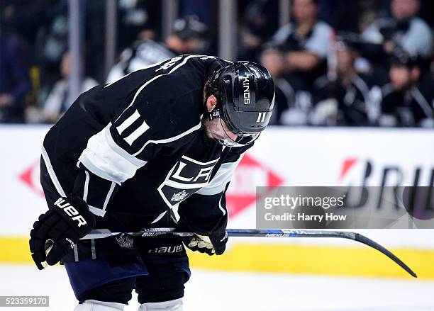 Anze Kopitar of the Los Angeles Kings reacts after an empty net goal and a 6-3 loss to the San Jose Sharks to lose the series during Game Five of the...