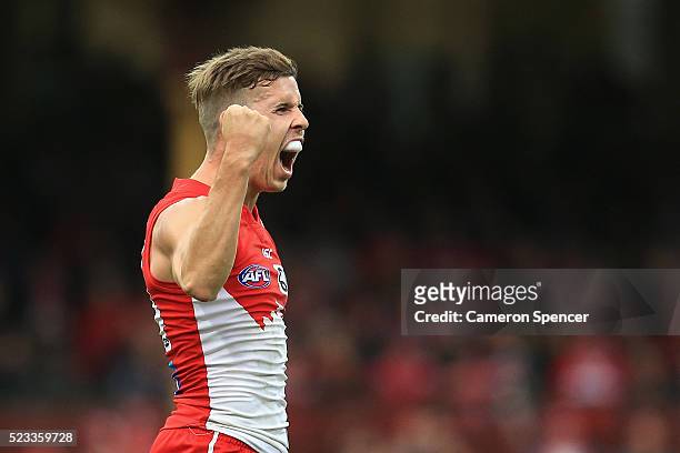 Jake Lloyd of the Swans celebrates kicking a goal during the round five AFL match between the Sydney Swans and the West Coast Eagles at Sydney...
