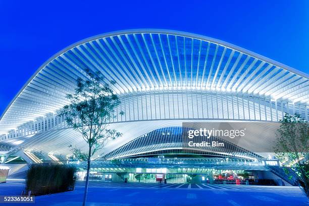 futuristic railway station building illuminated at night - liege stock pictures, royalty-free photos & images