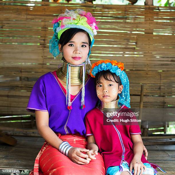 Women From Long Neck Tribe Posing With Her Daughter Chiang Mai