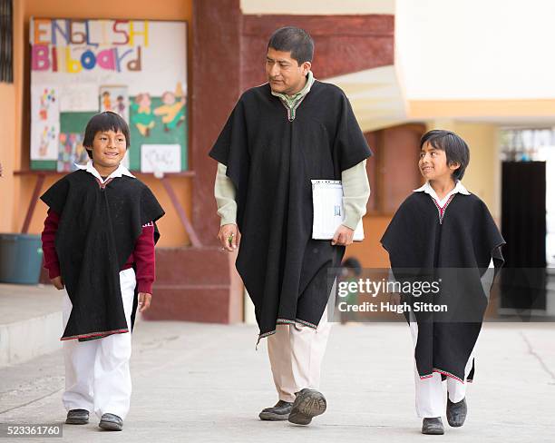 school children (6-7) and male teacher wearing traditional ecuadorian costume, ecuador - ecuador people stock pictures, royalty-free photos & images