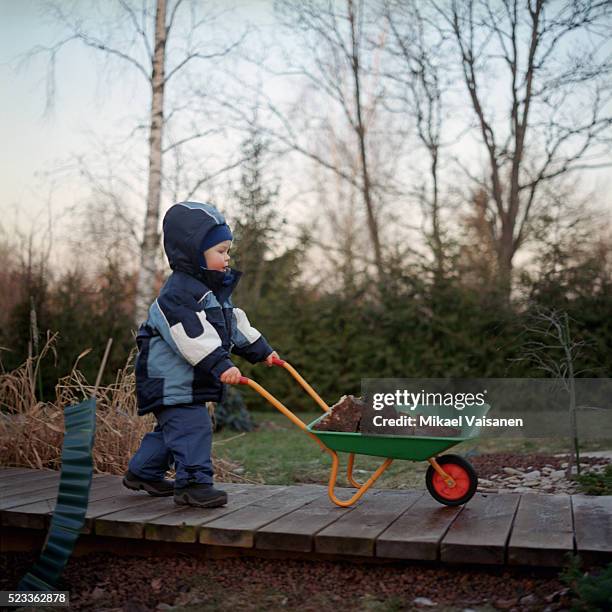 toddler pushing wheelbarrow - child pushing wheelbarrow stock pictures, royalty-free photos & images