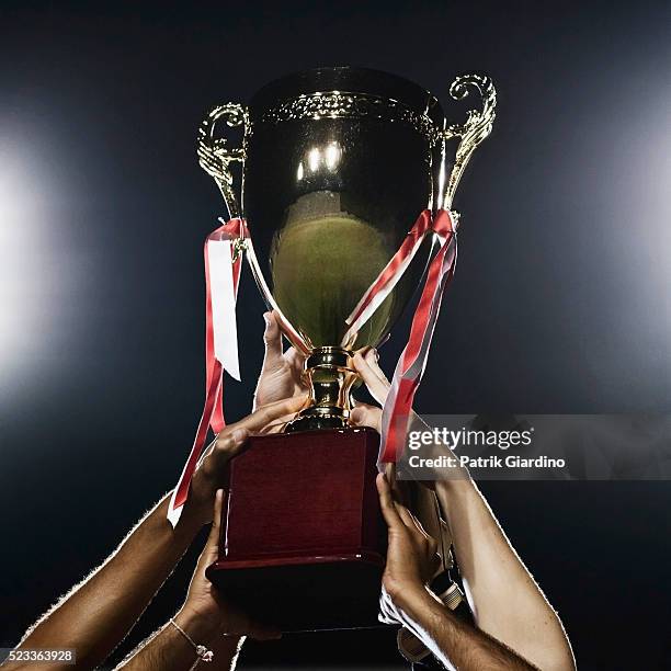 team holding up a trophy - winning trophy hands stock pictures, royalty-free photos & images