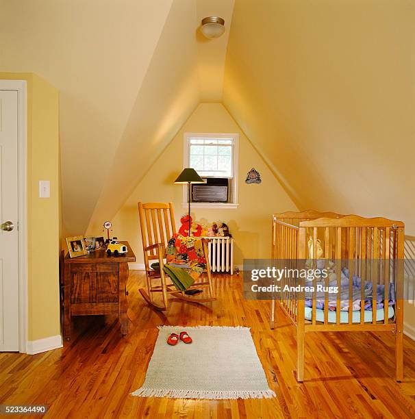 nursery in attic room - window dresser stock pictures, royalty-free photos & images