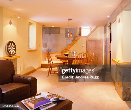 Finished Basement with Metal Paneling Finished Basement with Metal Paneling