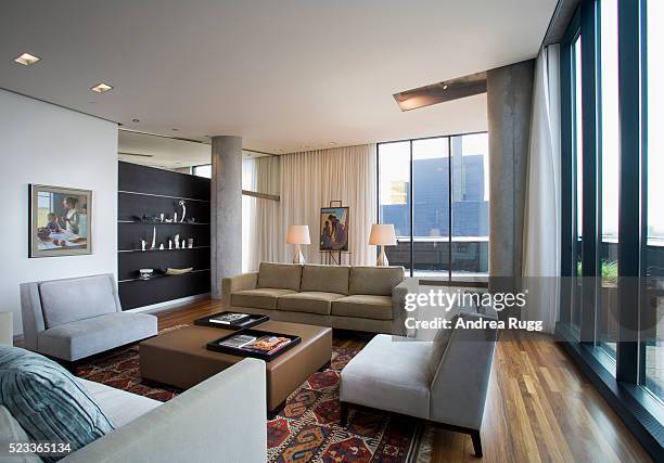 contemporary living room in loft condominium - archive 2006 stockfoto's en -beelden