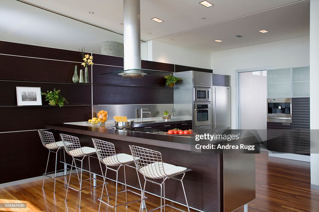 Bertoia Stools at Counter in Contemporary Kitchen