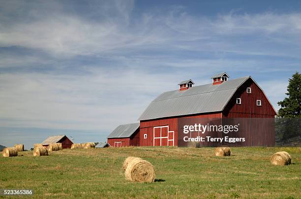 hay bales and red barn - farm fotografías e imágenes de stock