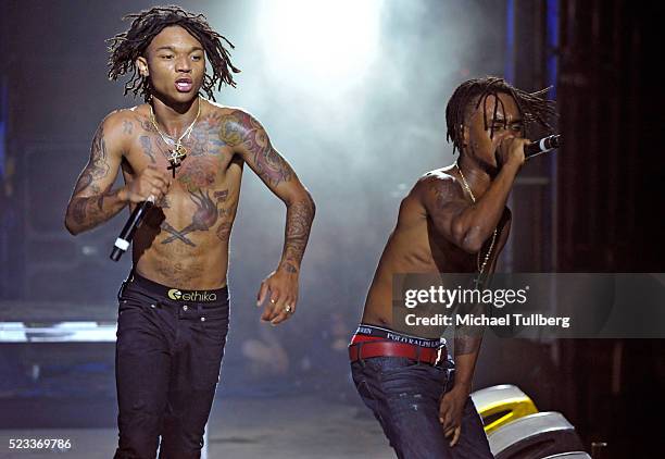 Recording artists Swae Lee and Slim Jimmy of Rae Sremmurd perform onstage during day 1 of the 2016 Coachella Valley Music & Arts Festival Weekend 2...
