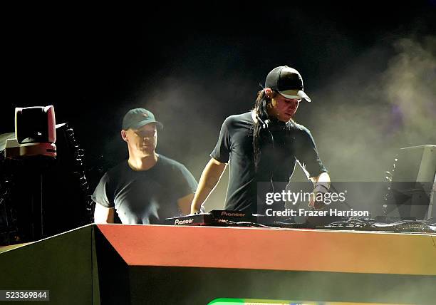 DJs Diplo and Skrillex of Jack �� perform onstage during day 1 of the 2016 Coachella Valley Music & Arts Festival Weekend 2 at the Empire Polo Club...