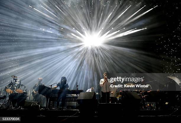 Musicians Al Doyle, Nancy Whang, Tim Goldsworthy, James Murphy and Pat Mahoney of LCD Soundsystem perform onstage during day 1 of the 2016 Coachella...