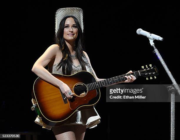 Recording artist Kacey Musgraves performs as she opens for George Strait during the first of his "Strait to Vegas" shows at T-Mobile Arena on April...