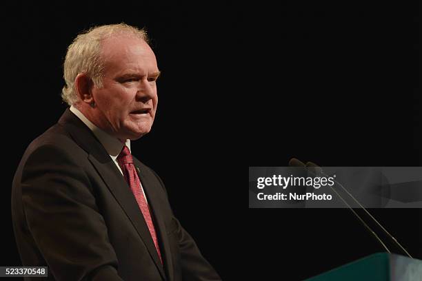 Martin McGuinness, an Irish republican Sinn F��in politician and the deputy First Minister of Northern Ireland addresses his speech to party members...