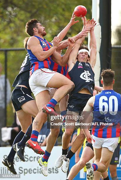 Jesse Glass-McCasker of the Northern Blues and Khan Haretuku of Port Melbourne during the VFL round 3 match between the Northern Blues and Port...