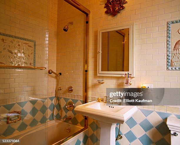 blue and white tile in bathroom with aquatic theme - armoire de toilette photos et images de collection