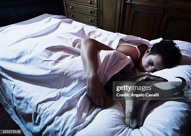 young man in bed with a goat - ziege stock-fotos und bilder