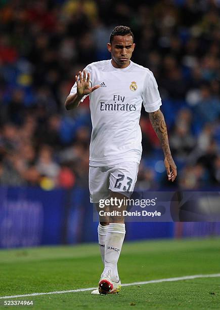 Danilo of Real Madrid reacts during the La Liga match between Real Madrid and Villarreal at Estadio Santiago Bernabeu on April 20, 2016 in Madrid,...
