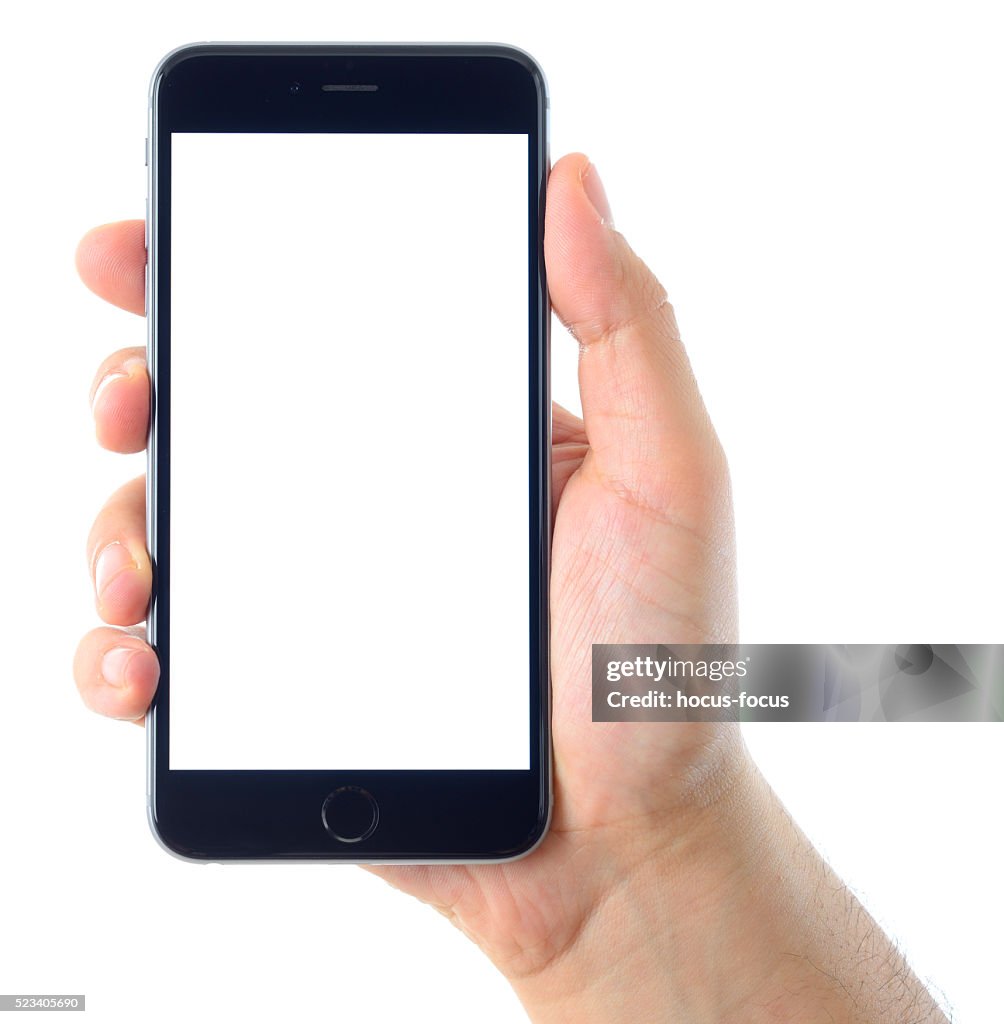 Mano agarrando blanco pantalla en blanco iPhone 6 Plus