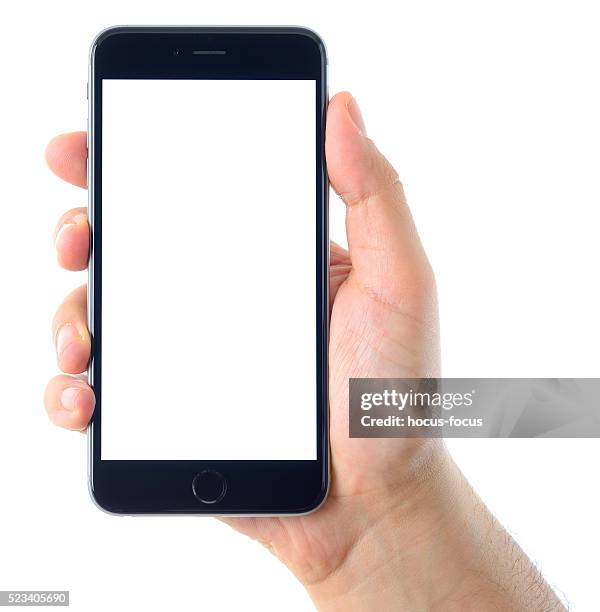 hand holding blank white screen iphone 6 plus - iphone hand stock pictures, royalty-free photos & images