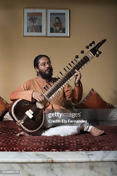 man playing sitar - sitar photos et images de collection