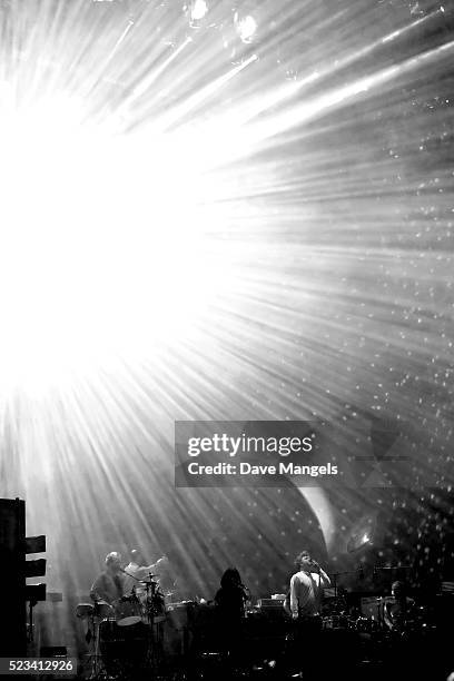 Musicians Al Doyle, Nancy Whang, Tim Goldsworthy, James Murphy and Pat Mahoney of LCD Soundsystem perform onstage during day 1 of the 2016 Coachella...