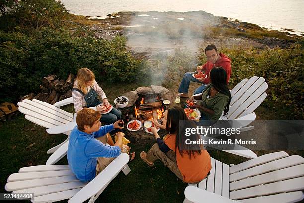 friends eating dinner of seafood cooked on fire - maine stock pictures, royalty-free photos & images