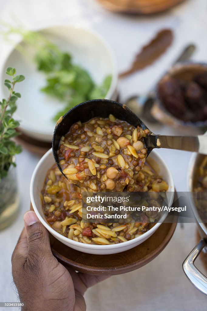 Harira - Indian Style Hearty Soup made with lentils, chickpeas, celery, tomatoes, and spices