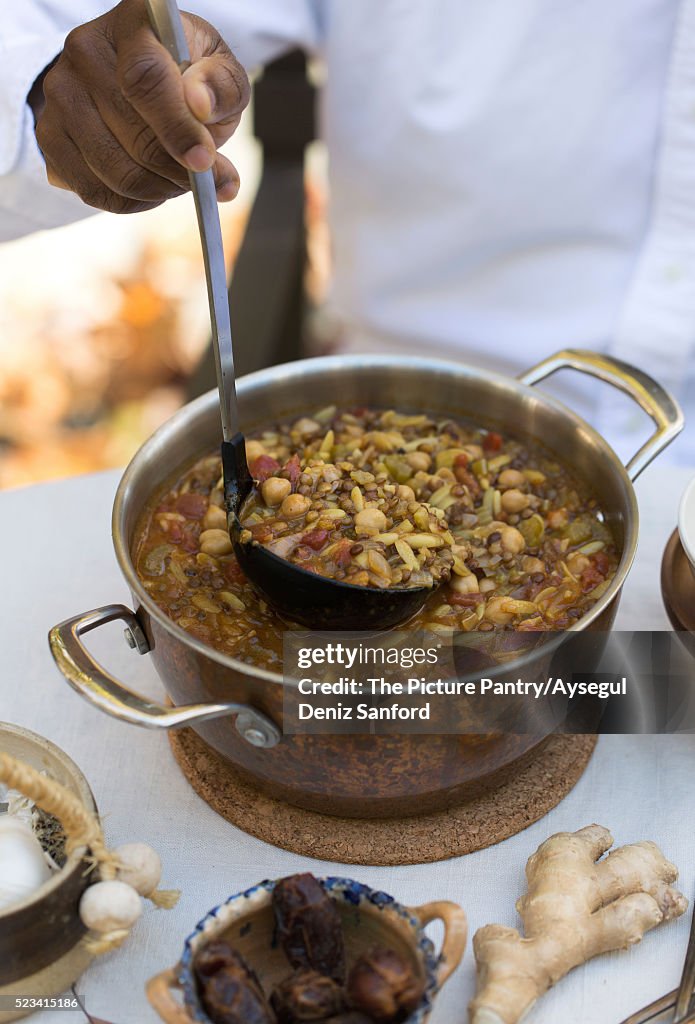 Harira - Indian Style Hearty Soup made with lentils, chickpeas, celery, ginger, tomatoes, and spices