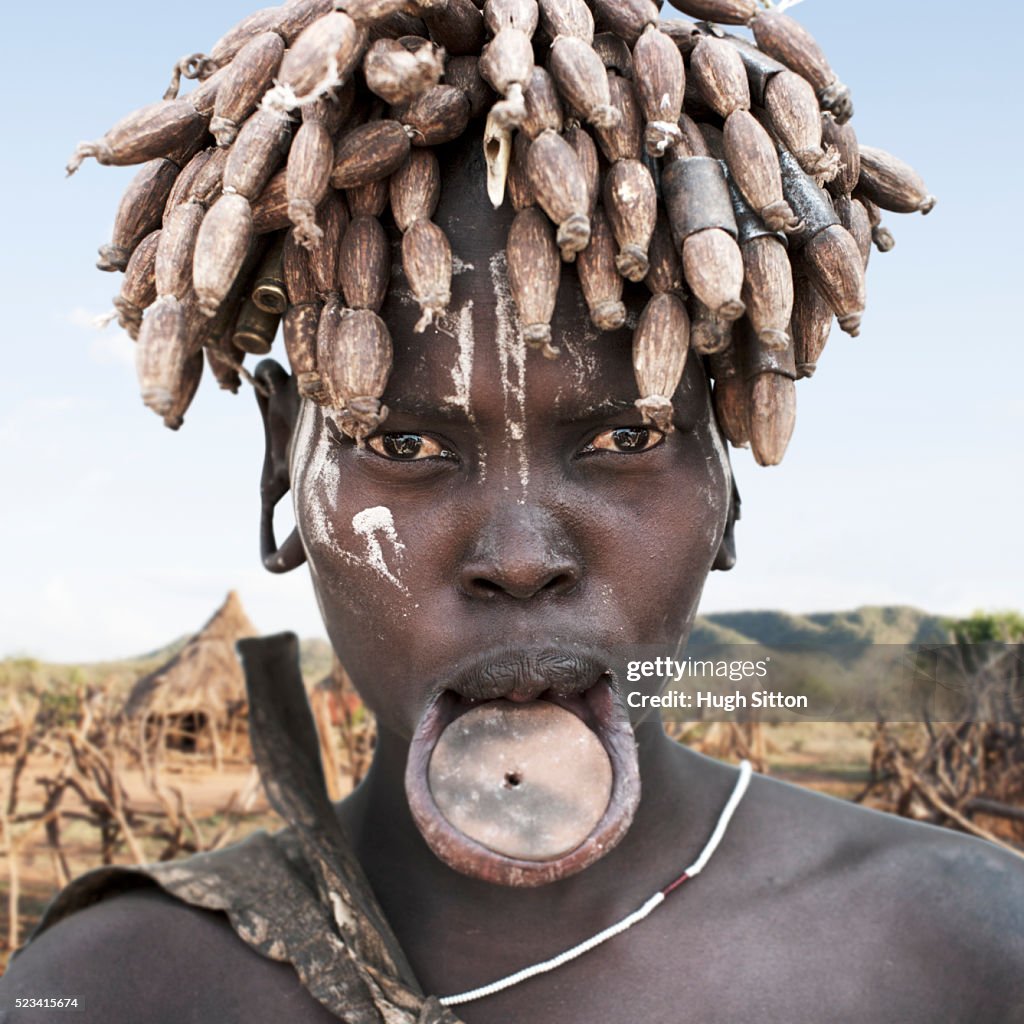 Woman from Mursi tribe with lip plate, Ethiopia