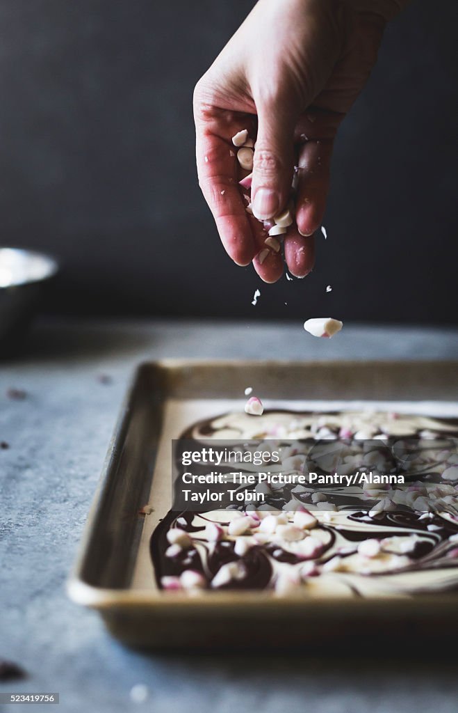 All-natural dark chocolate peppermint bark with cacao nibs and flaky salt