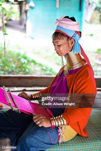 long neck padaung karen tribe woman weaving - padaung stock pictures, royalty-free photos & images