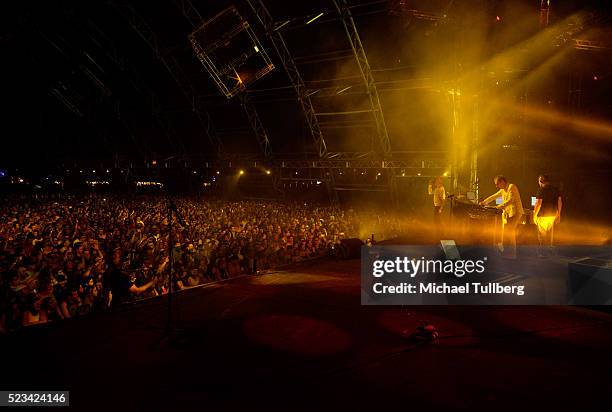 Musicians Karl Hyde and Rick Smith of Underworld perform onstage during day 1 of the 2016 Coachella Valley Music & Arts Festival Weekend 2 at the...